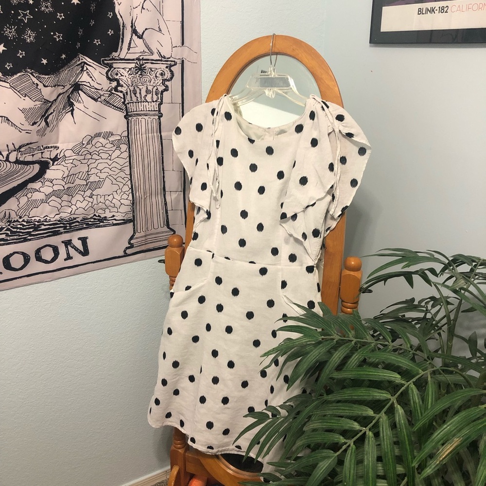 button back tie shoulder polka dot pocket dress